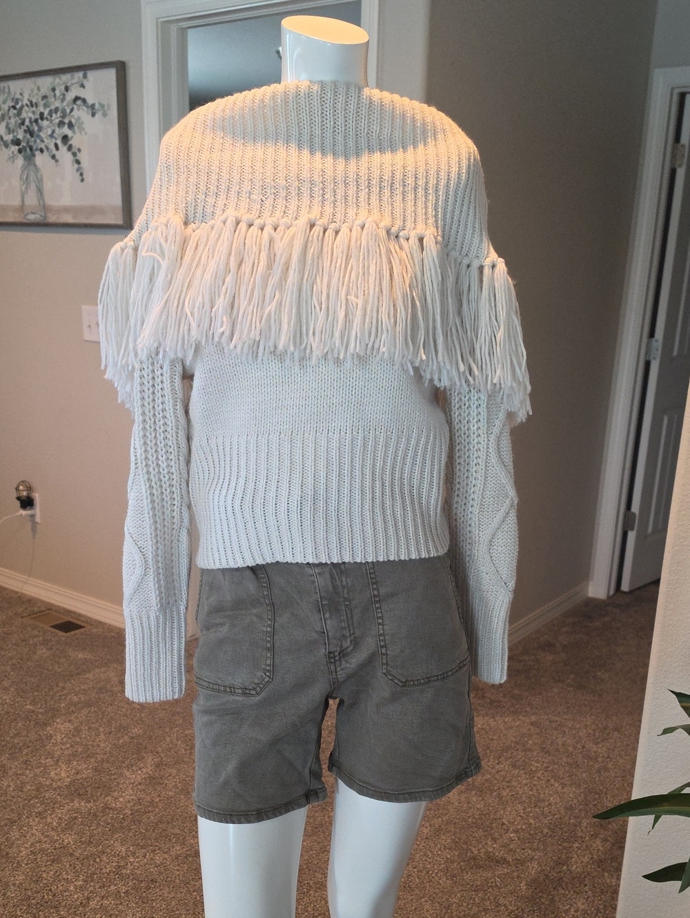 Buckle Off-the-Shoulder Fringe Sweater - Cream